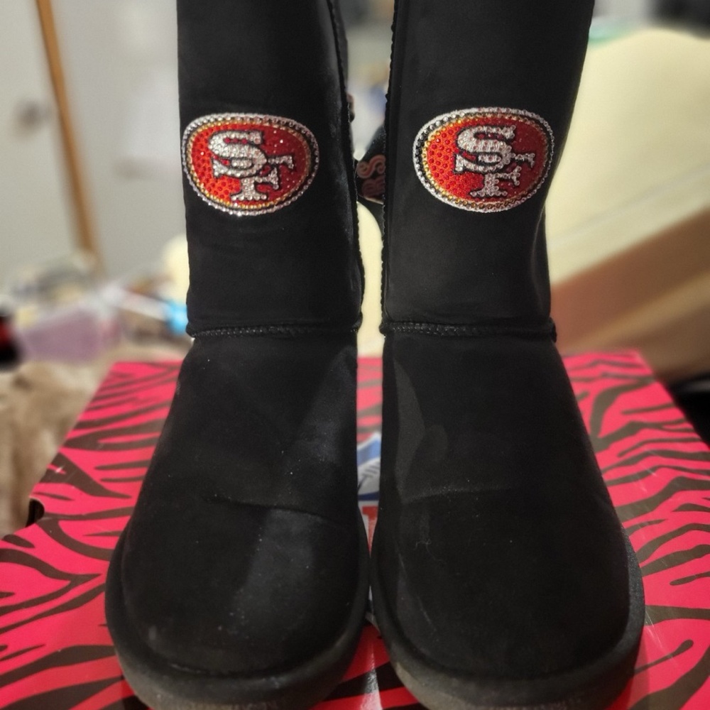 In search of NFL 49 ers Black Boots with Red and White Emblem